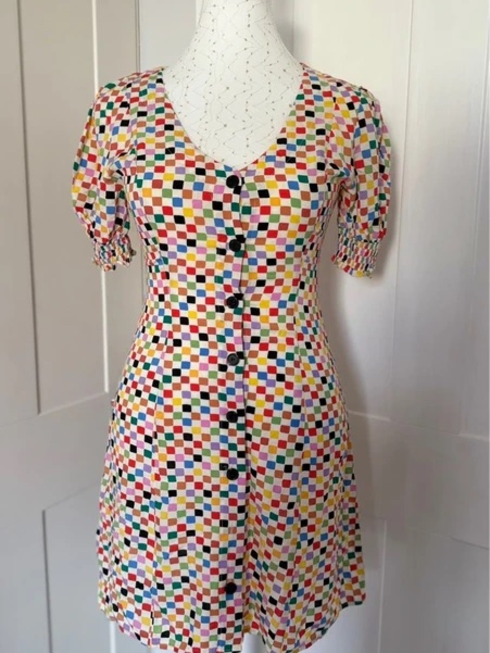 Multicolor Check Square-Print Button Front Maxi Dress